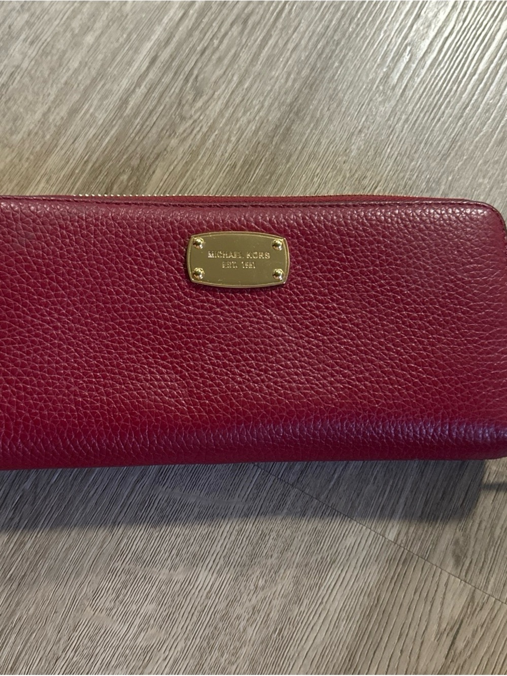 Michael Kors Burgundy Pebbled Leather Zip Wallet with Gold Plate